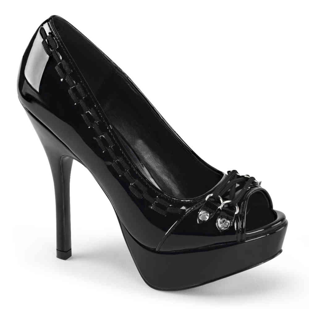 Demonia Pixie 18 peep toe pump with D rings with lacing and Demonia Voltage 01 high pump with silver stiletto heel